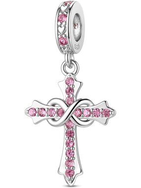Women's Light Pink 925 Sterling Silver Birthstone Cross Compatible Charms Beads